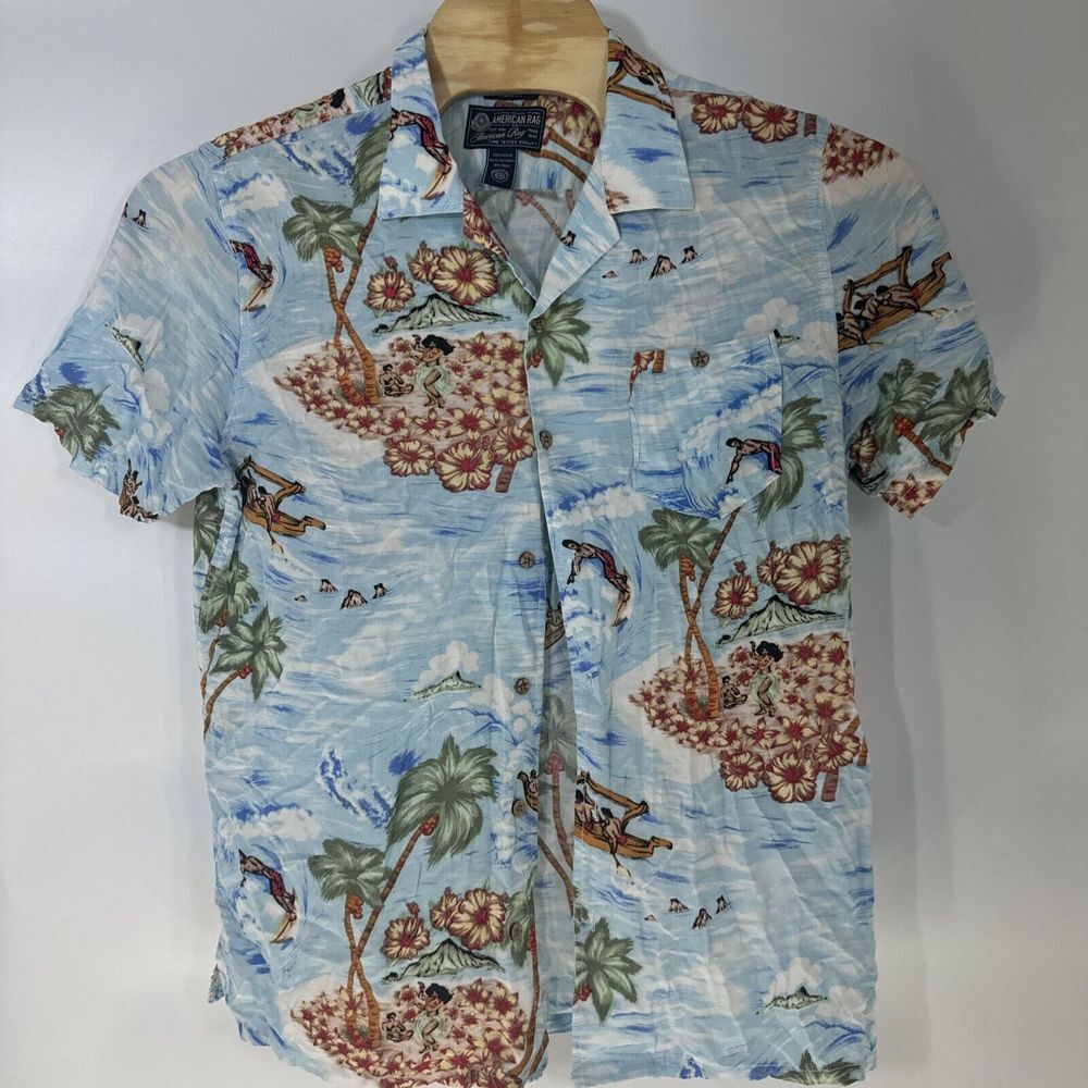 American Rag Mens XL Blue Tropical Island Hawaiian Rayon Button Up Shirt Surfer